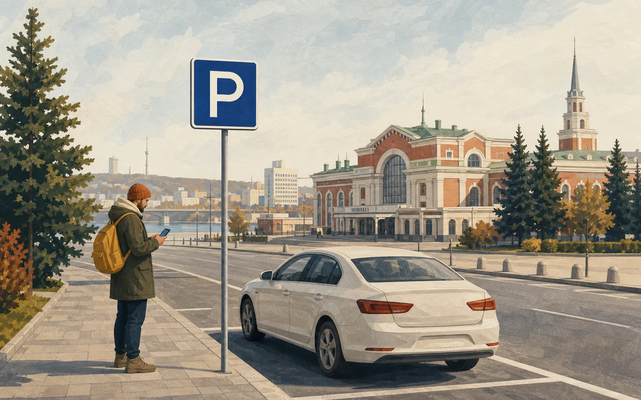 Городская платная парковка с дорожным знаком и автомобилем